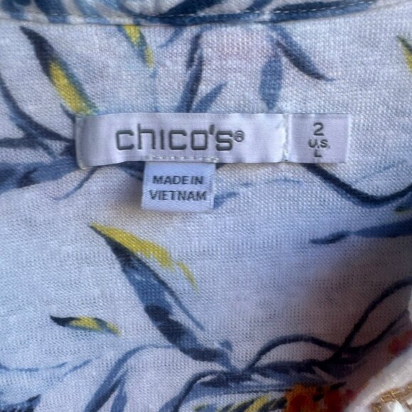 Chico's 3/4 Sleeve Embellished V-Neck 100% Linen Tunic Blouse Women's Size 2 (L) - Picture 3 of 8